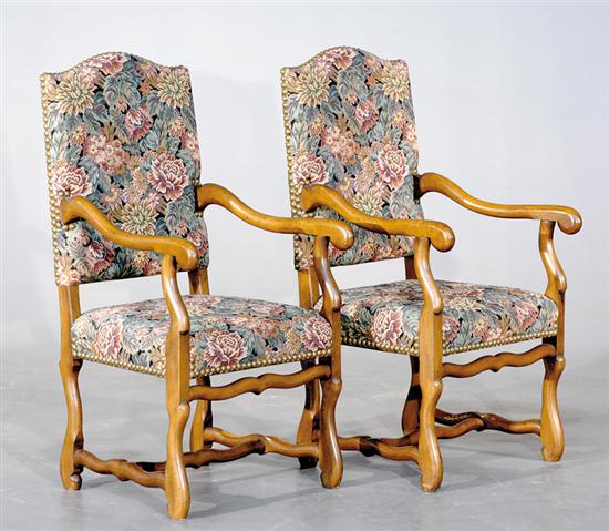 Appraisal: Pair French Provincial style beechwood armchairs arched rectangular upholstered back