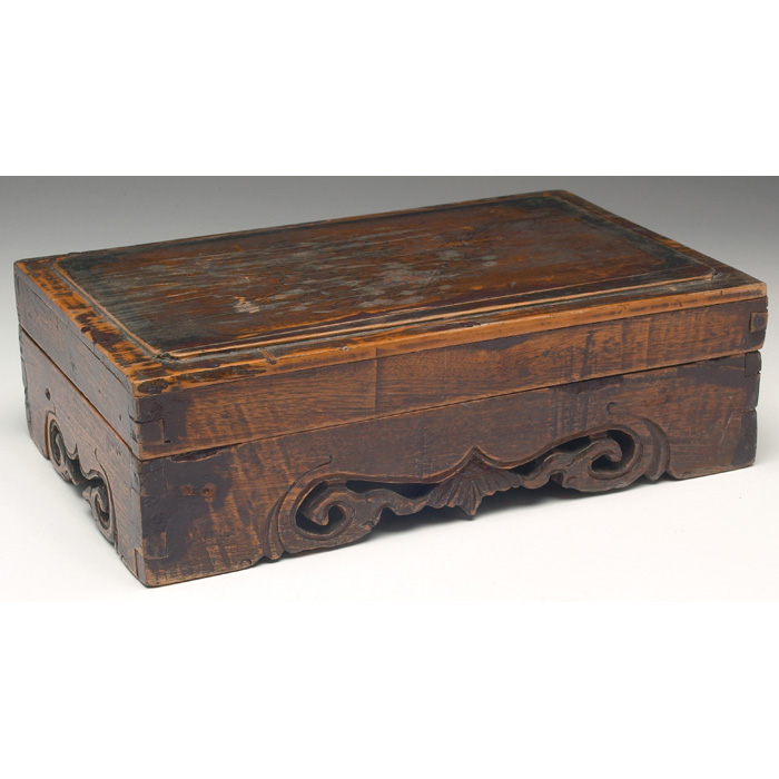 Appraisal: Chinese wood box rectangular form with carved decoration at base