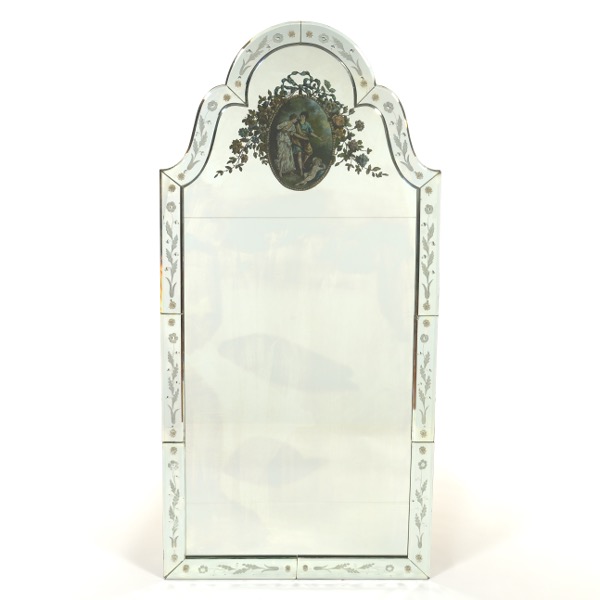 Appraisal: EGLOMISE AND ETCHED GLASS MIRROR x Floral etched frame crest