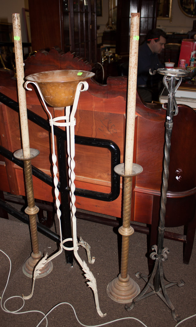 Appraisal: Assorted metal items including two brass candlesticks wrought iron candleholder