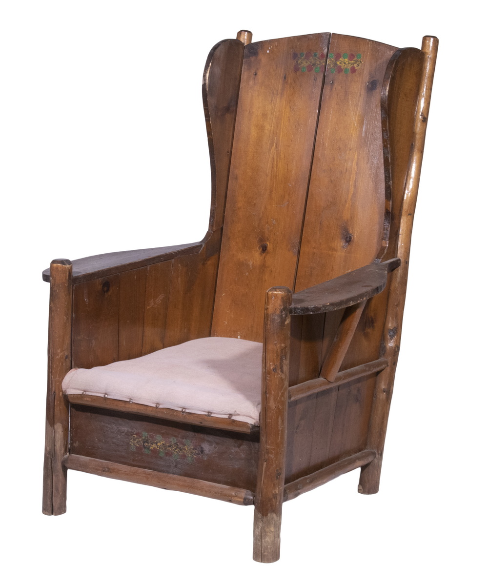 Appraisal: ADIRONDACK WING CHAIR Vintage Rustic Chair with hand chamfered round