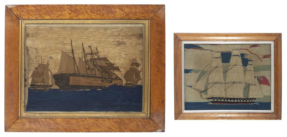 Appraisal: Two framed British maritime folk art woolworks th Century Also