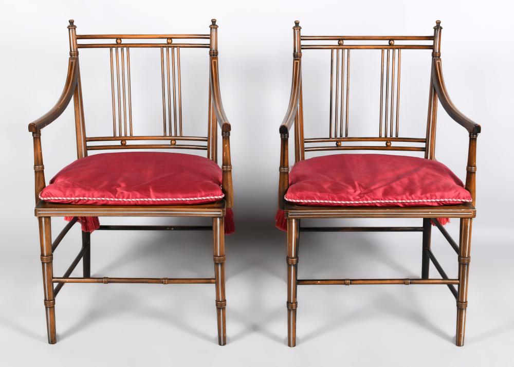 Appraisal: PAIR OF REGENCY STYLE STAINED CHERRY ARMCHAIRS the rectangular back