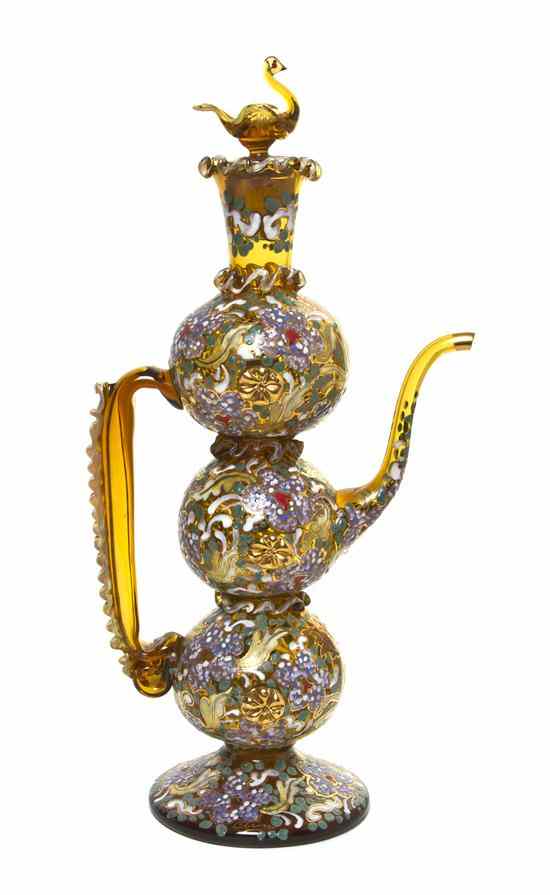 Appraisal: A Continental Enameled Glass Ewer of triple globe form the