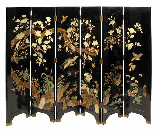 Appraisal: A Korean six-panel hardstone mounted black lacquer screen height ft