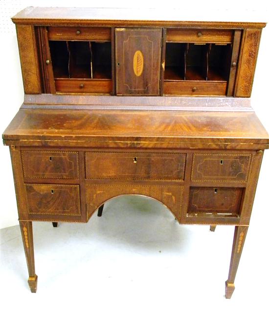 Appraisal: Inlaid tambour desk Hepplewhite style central door with conch shell