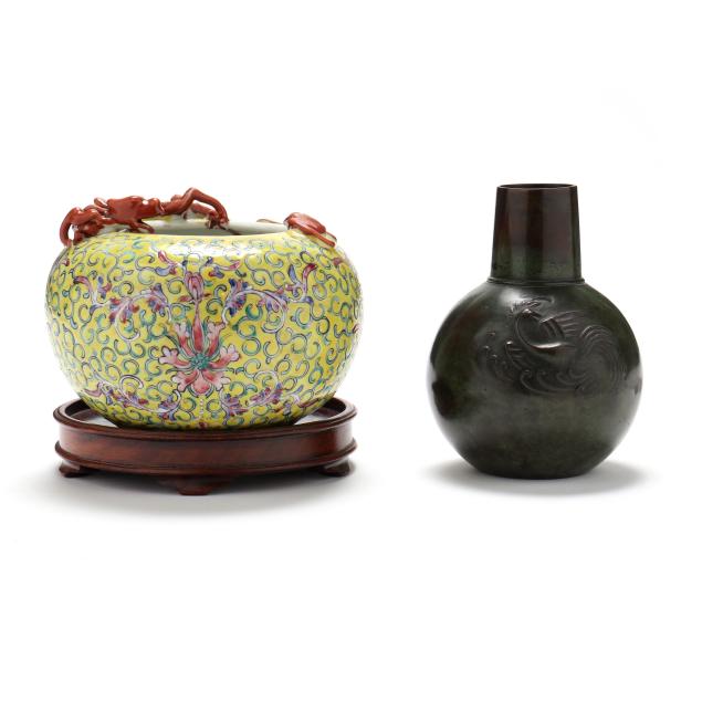 Appraisal: TWO ASIAN VASES Includes a Chinese porcelain vase with wide