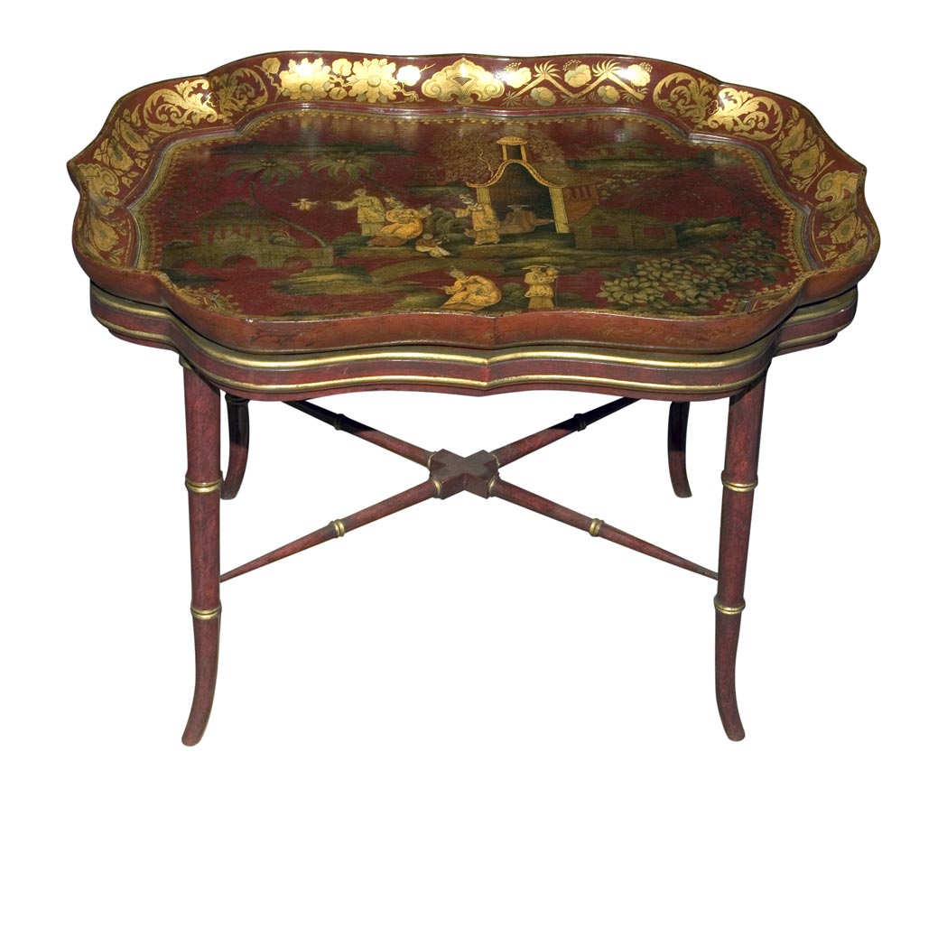 Appraisal: Victorian Red Lacquered and Gilt Decorated Tray on Stand Mid