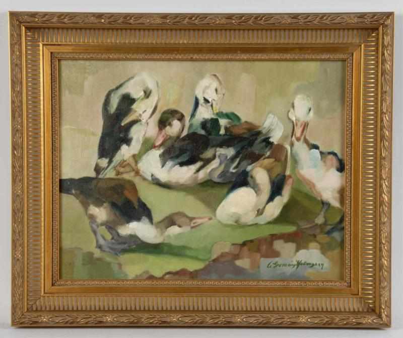 Appraisal: Oil on Canvas Ducks Painting Description In vintage gold gilt