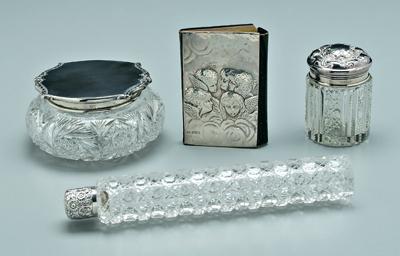 Appraisal: Four pieces cut glass and silver lidded powder jar sterling