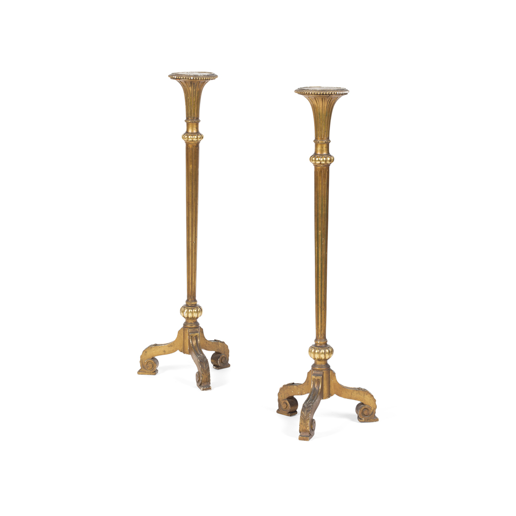 Appraisal: PAIR OF GILTWOOD TORCHERES the trumpet form circular tops with