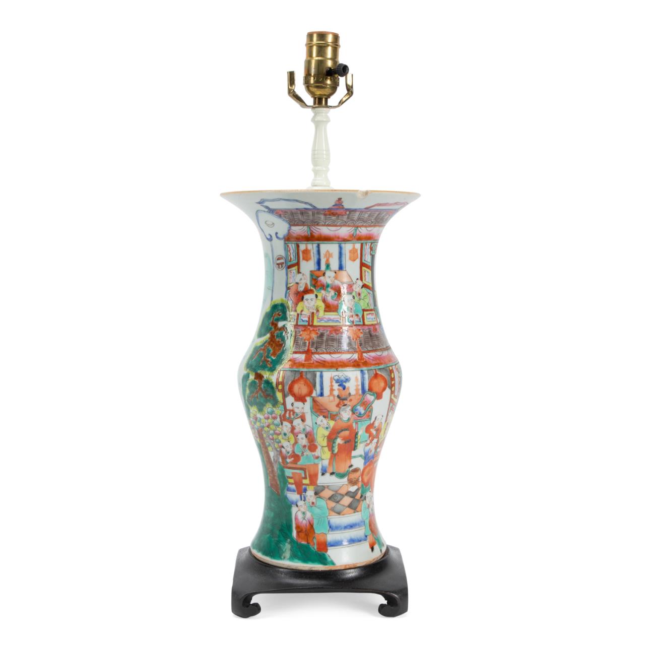 Appraisal: CHINESE VASE MOUNTED AS A LAMP WITH SHADE Chinese Famille