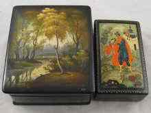 Appraisal: A hand painted Russian lacquer box with pastoral scene measuring