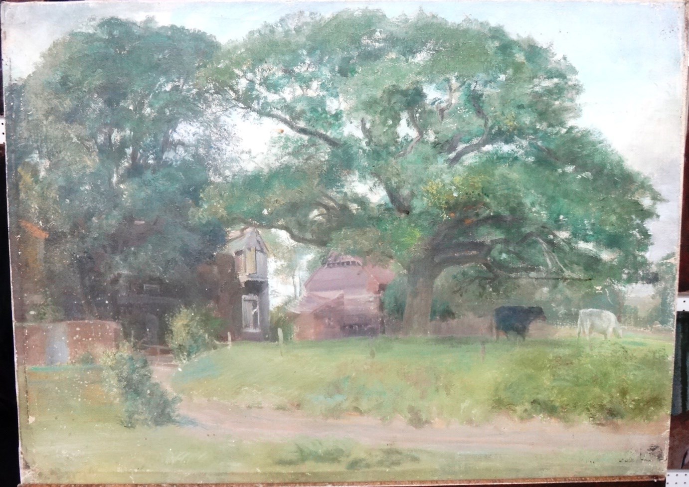 Appraisal: Douglas Stannus Gray - Trees and farm buildings Wanborough oil