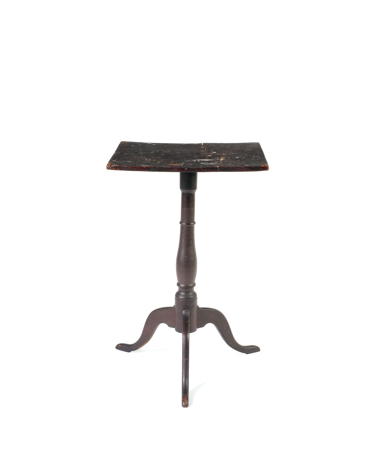 Appraisal: NEW ENGLAND RED PAINTED MAPLE SQUARE-TOP CANDLESTAND On tripod cabriole