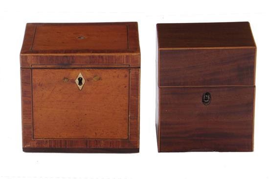 Appraisal: English inlaid mahogany single tea caddies th century H W