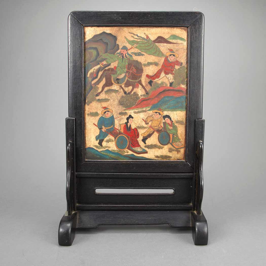 Appraisal: Chinese Painted Soapstone Screen Late th Century The vertical rectangular