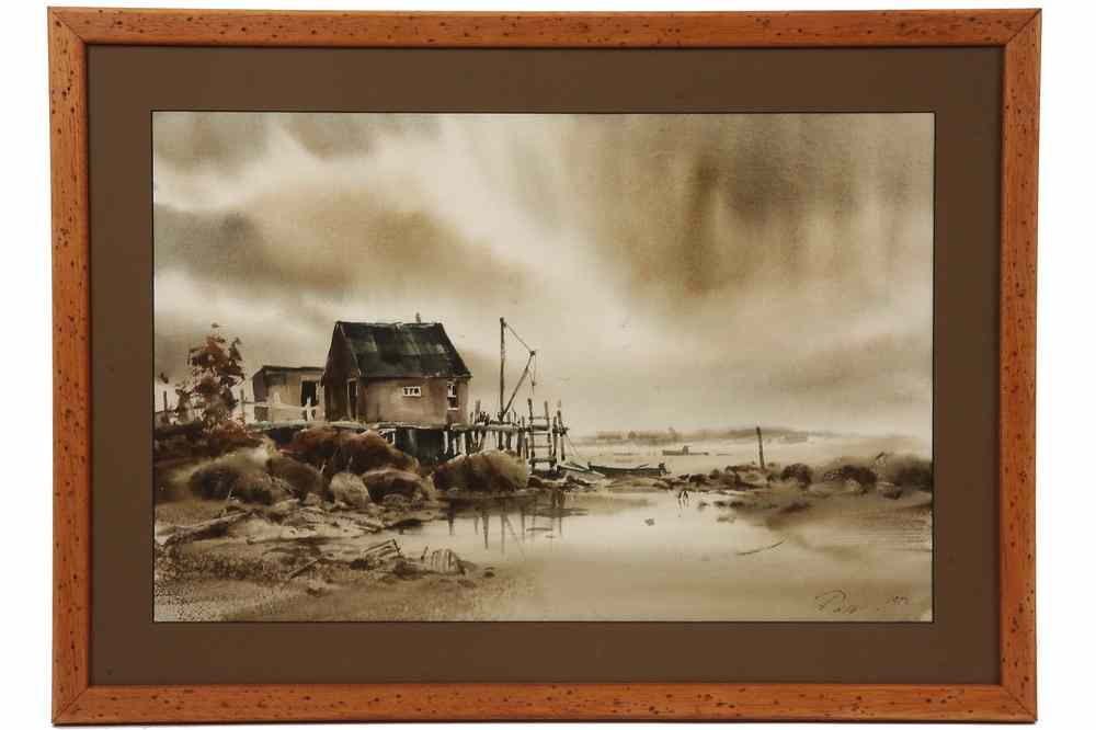 Appraisal: WATERCOLOR - 'Friendship Lobster Dock' by Peter Rolfe contemporary Wiscasset