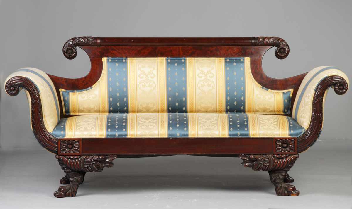 Appraisal: Federal Sofa Early th cent With cornucopias claw feet scrolling