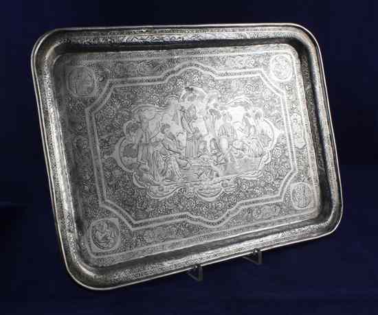 Appraisal: A th century Qajar silver tray finely engraved with panels