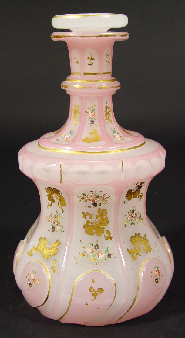 Appraisal: White Bohemian glass decanter and stopper with pink flashed panels