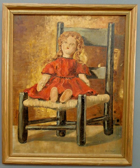 Appraisal: Oil on board painting of a doll on a chair