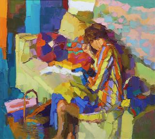 Appraisal: Painting Nicola Simbari Nicola Simbari Italian - Girl Sewing circa