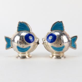 Appraisal: Mea Denmark Sterling Silver and Hand Enamel Fish Form Shakers