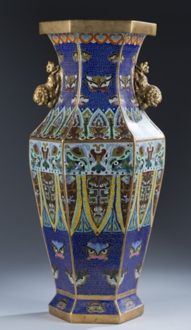 Appraisal: Chinese Hexagonal Cloisonn Vase Chinese hexagonal bronze cloisonn vase C