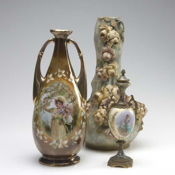 Appraisal: DECORATIVE VASES One double handled vase by Victoria Austria having