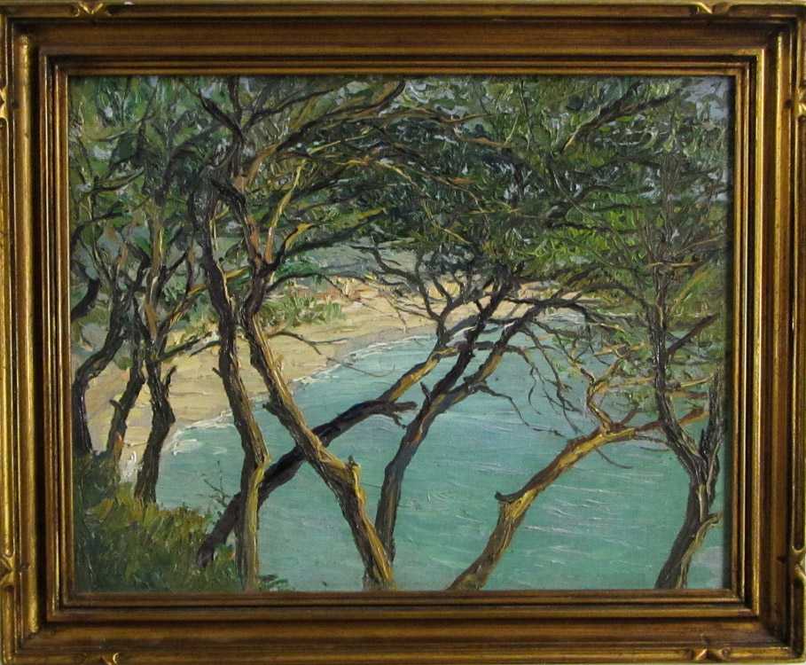 Appraisal: COASTAL PINE TREES OIL ON BOARD an overlook with pine