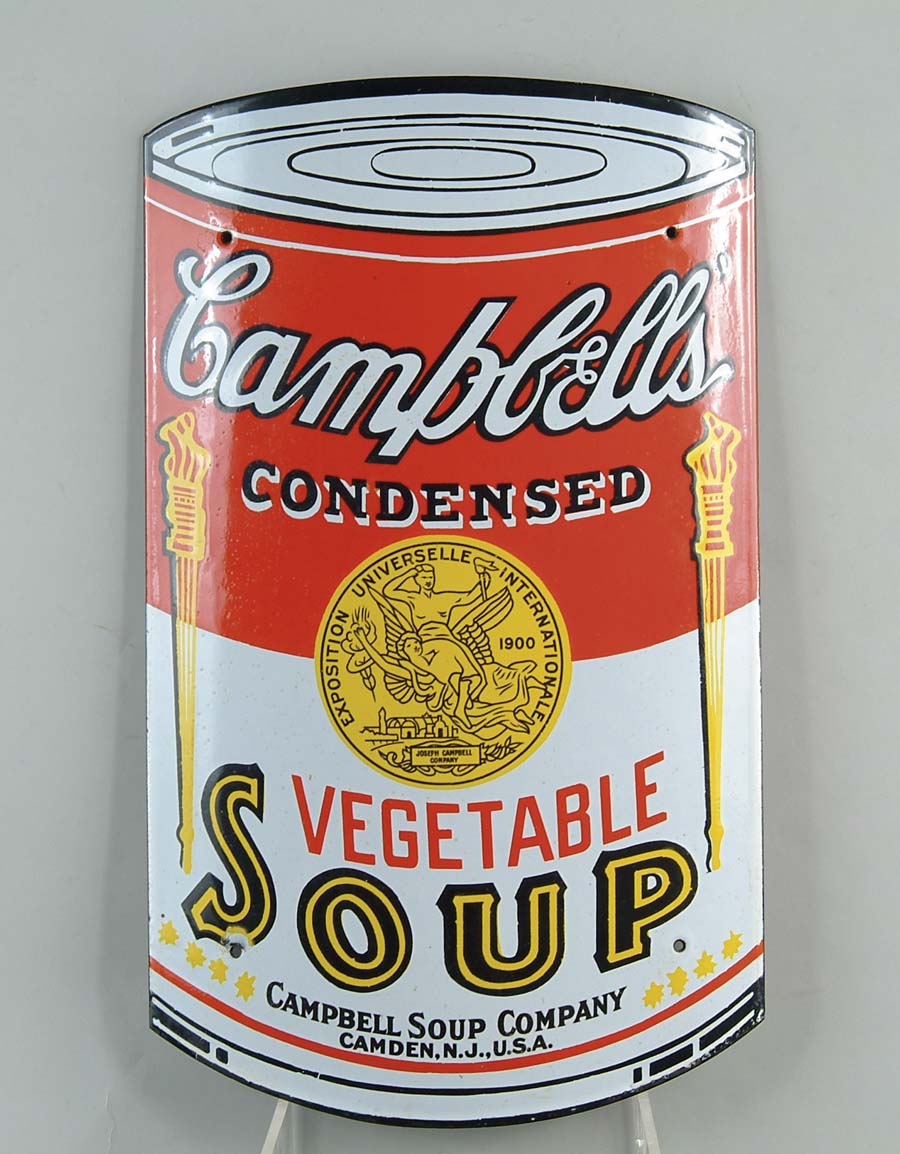 Appraisal: CAMPBELL S SOUP PORCELAIN SIGN Classic Andy Warhol-esque curved Vegetable