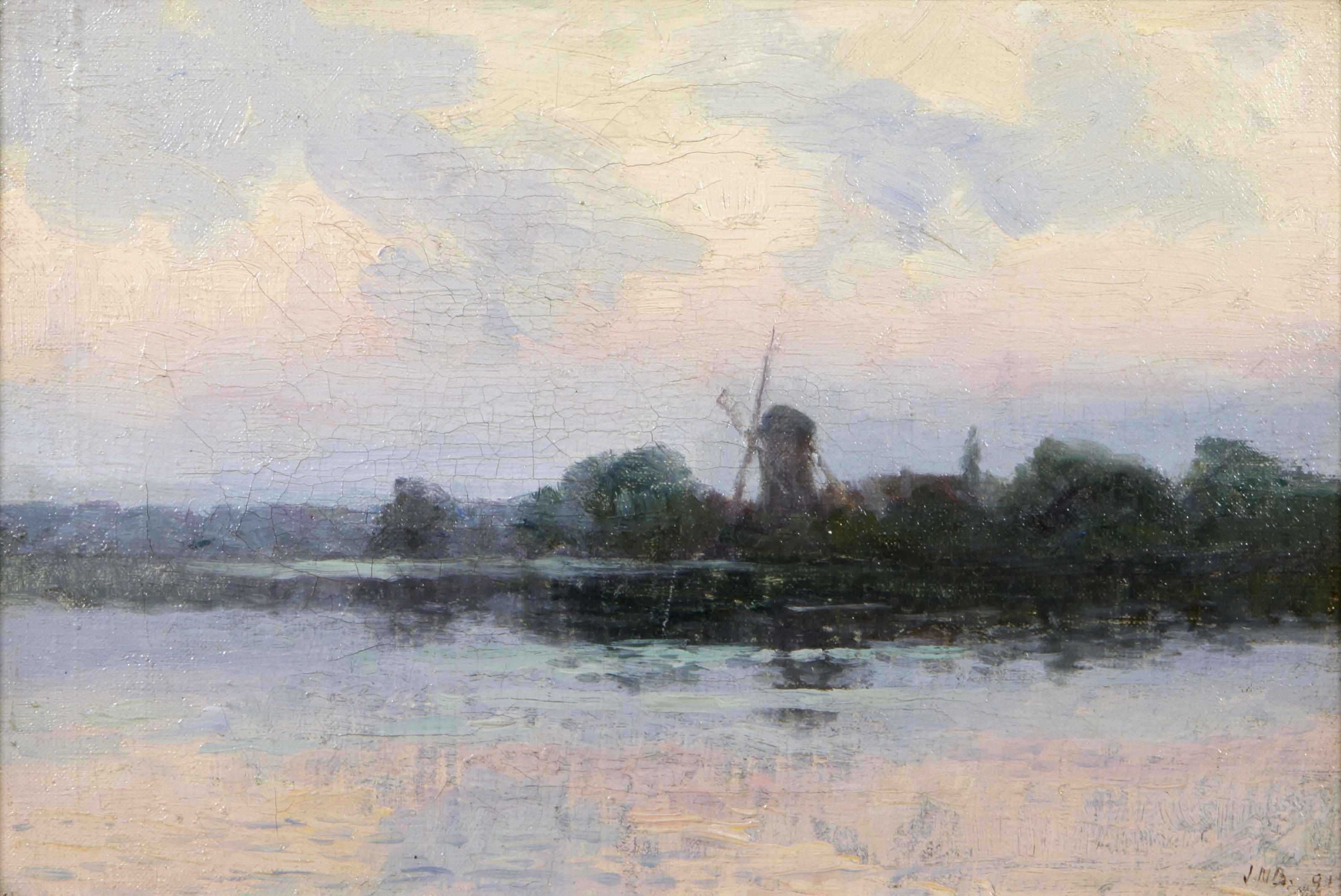 Appraisal: Dutch School A river landscape at dusk with a windmill