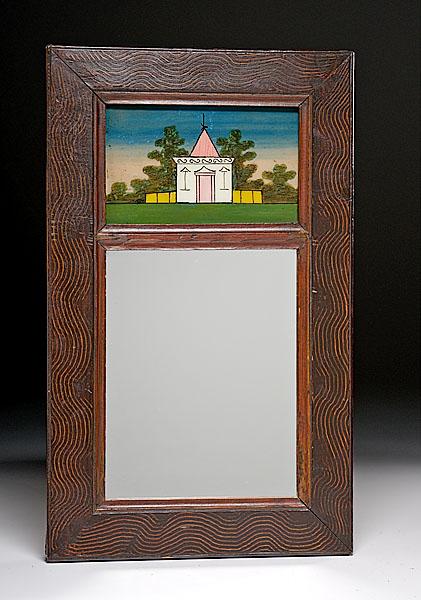 Appraisal: FOLKY REVERSE PAINTED MIRROR WITH COMB DECORATED FRAME American ca