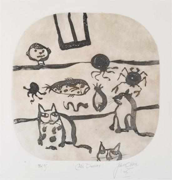 Appraisal: JOHN OLSEN BORN Cat's Dinner etching and pencil x circular