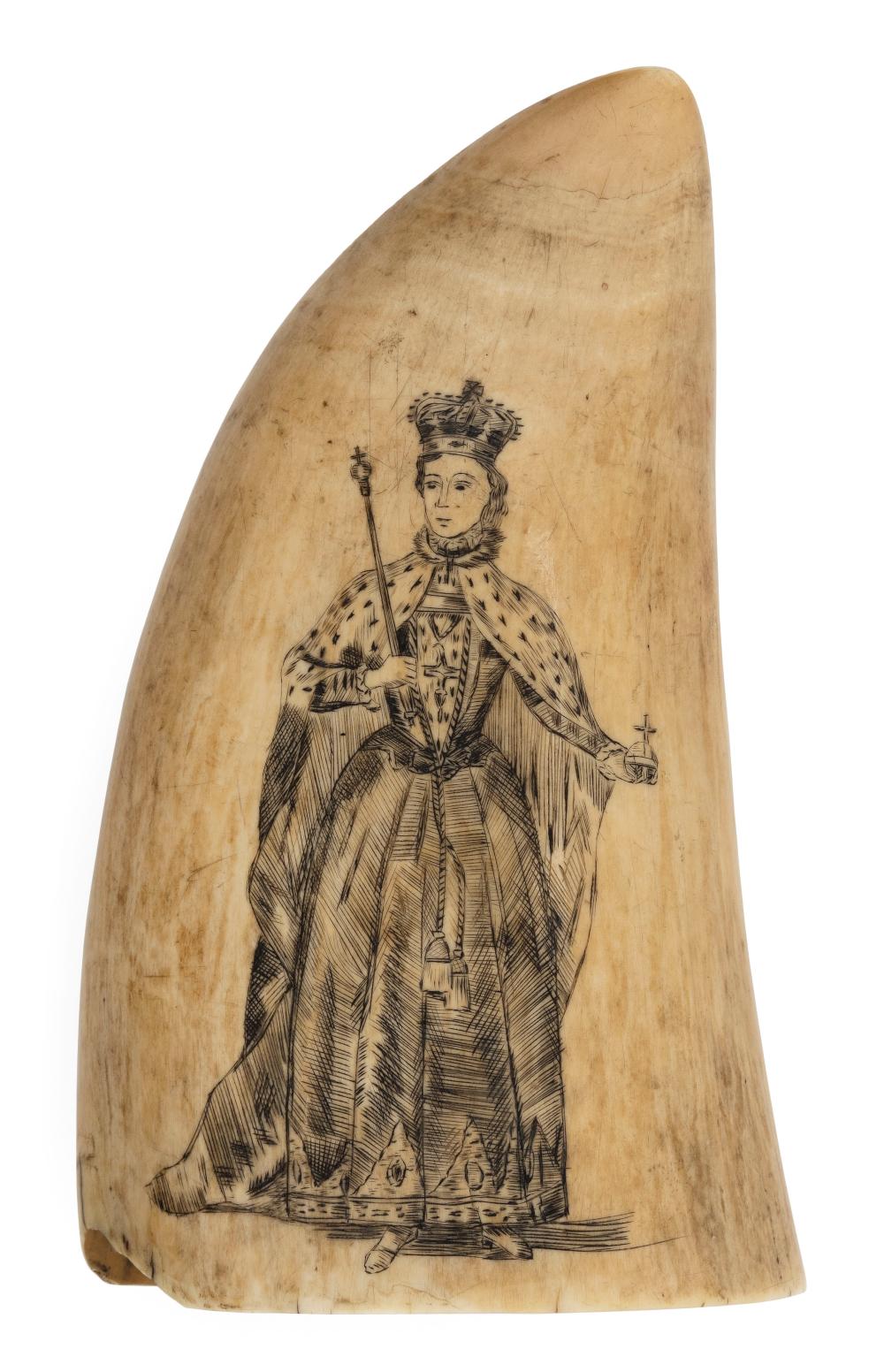 Appraisal: SCRIMSHAW WHALE'S TOOTH DEPICTING QUEEN MARY TH CENTURY LENGTH SCRIMSHAW