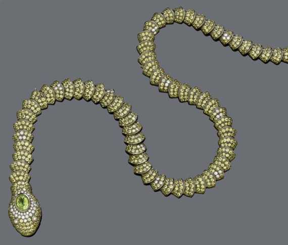 Appraisal: SAPPHIRE DIAMOND AND PERIDOT NECKLACE Gold black rhodinized Very decorative