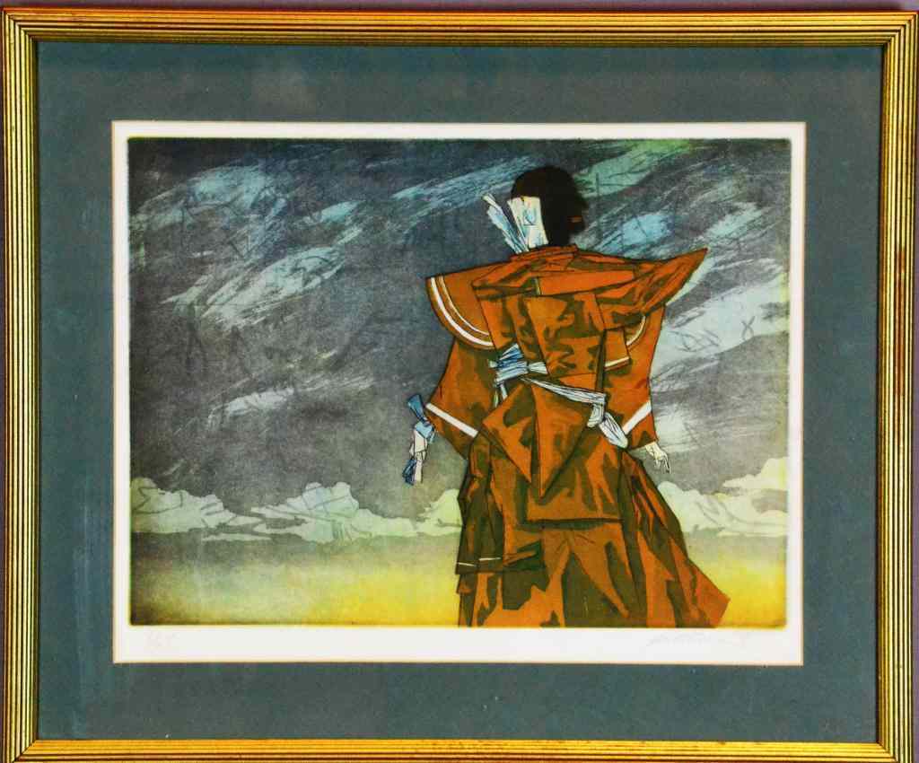 Appraisal: Japanese Warrior Colored EtchingAquatint etching depicting warrior in sunset numbered