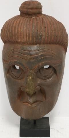 Appraisal: TH C CARVED WOODEN CHINESE NUO MASK ON STAND SHOWS