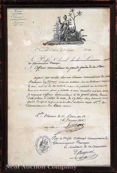 Appraisal: Document Signed by Pierre-Cl ment de Laussat Governor of Louisiana