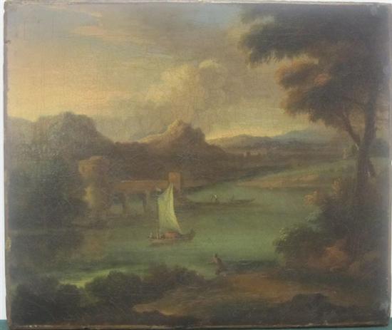 Appraisal: ANTIQUE CONTINENTAL OIL ON CANVAS Castle and boats on a