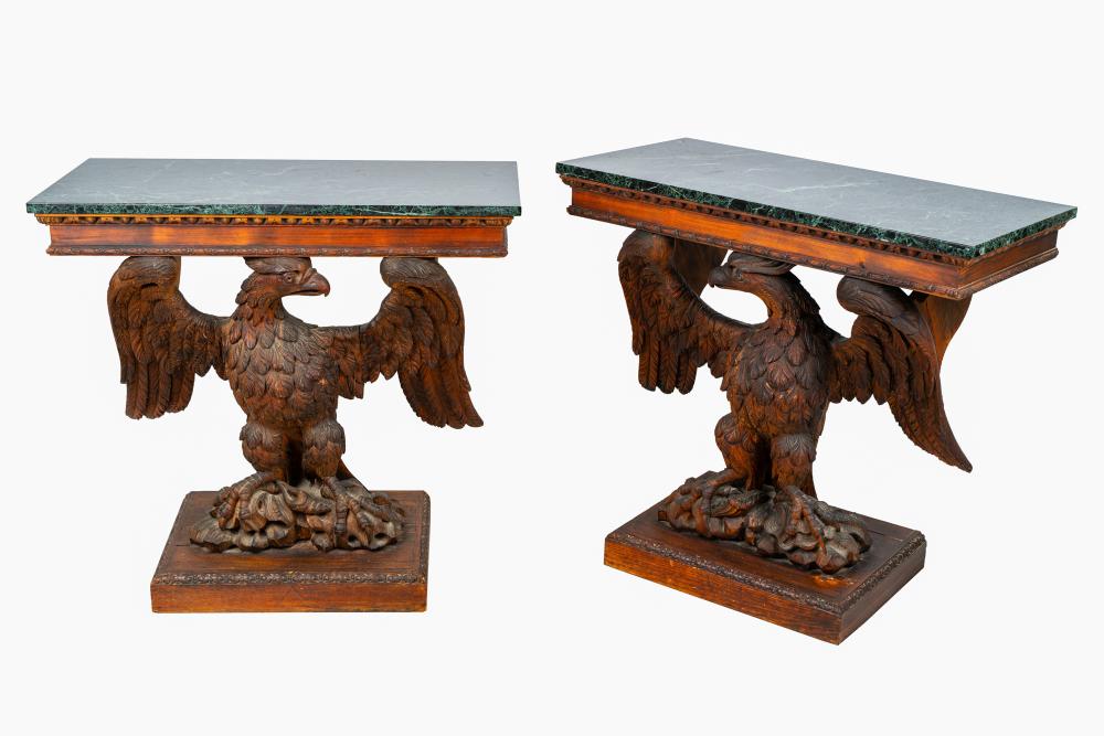 Appraisal: PAIR OF MARBLE-TOP CARVED WOOD CONSOLESin the manner of William