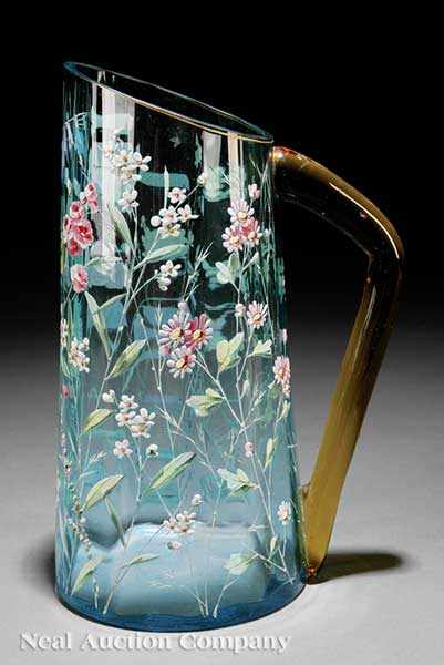 Appraisal: A Moser Enameled Light Blue Glass Pitcher late th early