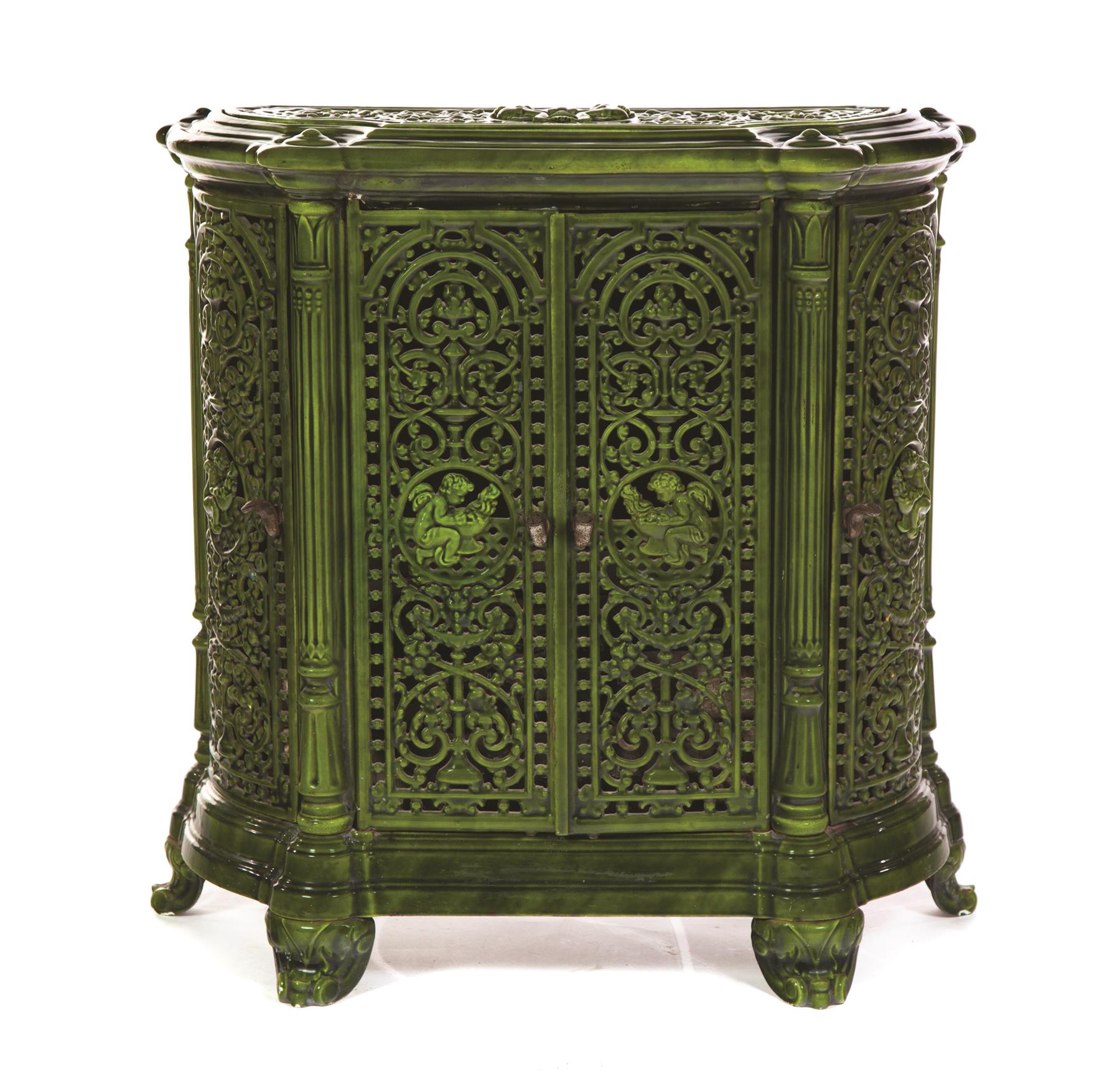 Appraisal: ORNATELY CAST GREEN ENAMEL IRON STOVE European ca Emerald color