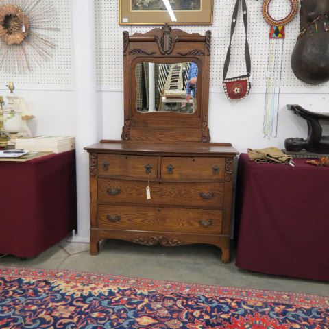 Appraisal: Oak Dresser With Mirror carved two over two circa