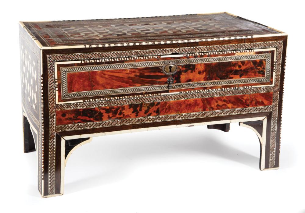 Appraisal: Continental Tortoiseshell Mother-of-Pearl and Bone Parquetry Coffer th c single