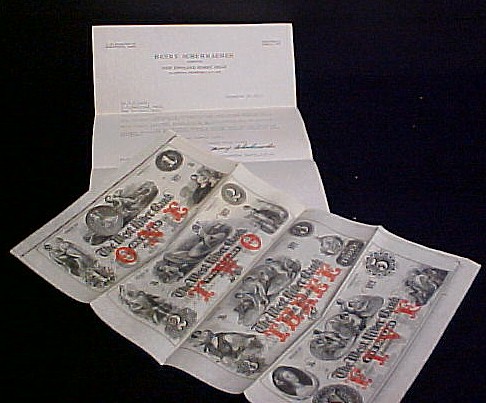 Appraisal: CURRENCY Uncut Sheet of Four Obsolete Currency Notes from the