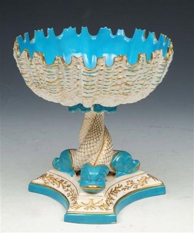 Appraisal: A ROYAL WORCESTER TURQUOISE GROUND SHELL COMPORT on a serpent