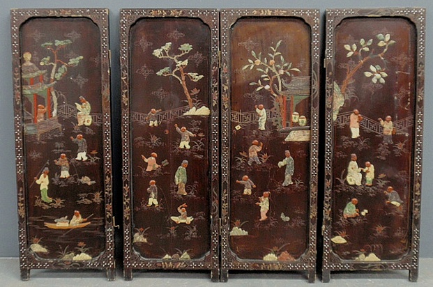 Appraisal: - Diminutive Chinese inlaid wood four-panel screen c decorated with