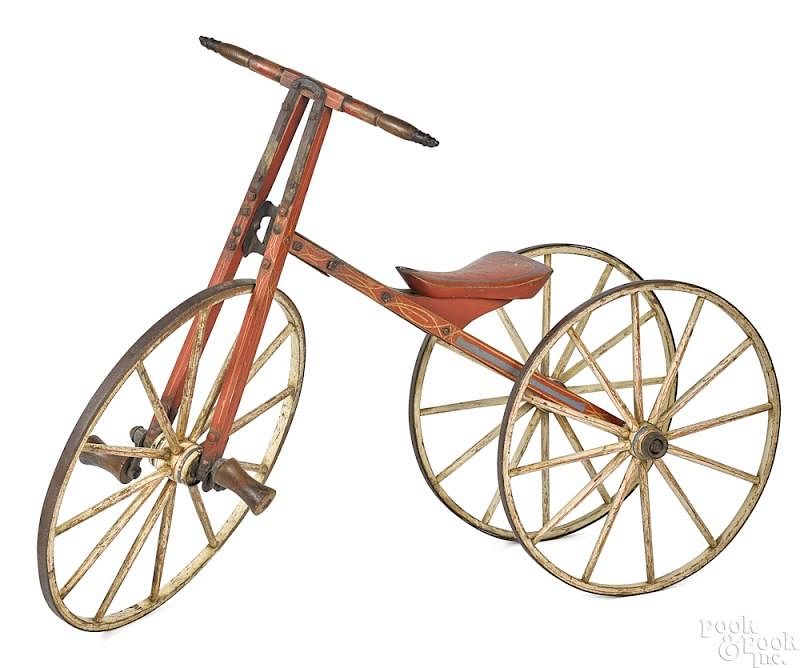 Appraisal: Early painted wood bone shaker tricycle Early painted wood bone